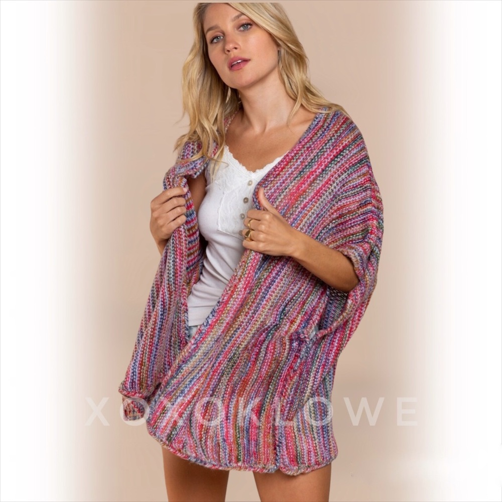 POL Red Rainbow Lightweight Kimono Cardigan